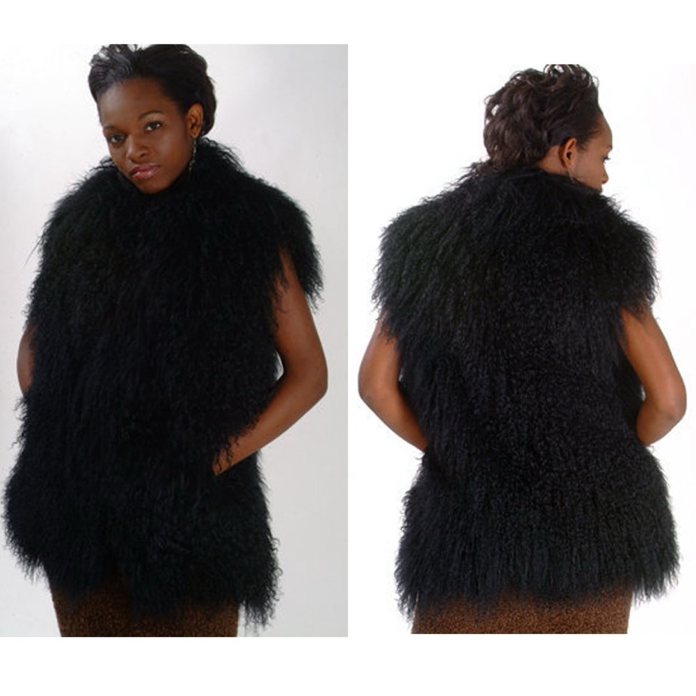 EUC Belle Fare Black Curly Tibetan Lamb Fur Full Skin Vest